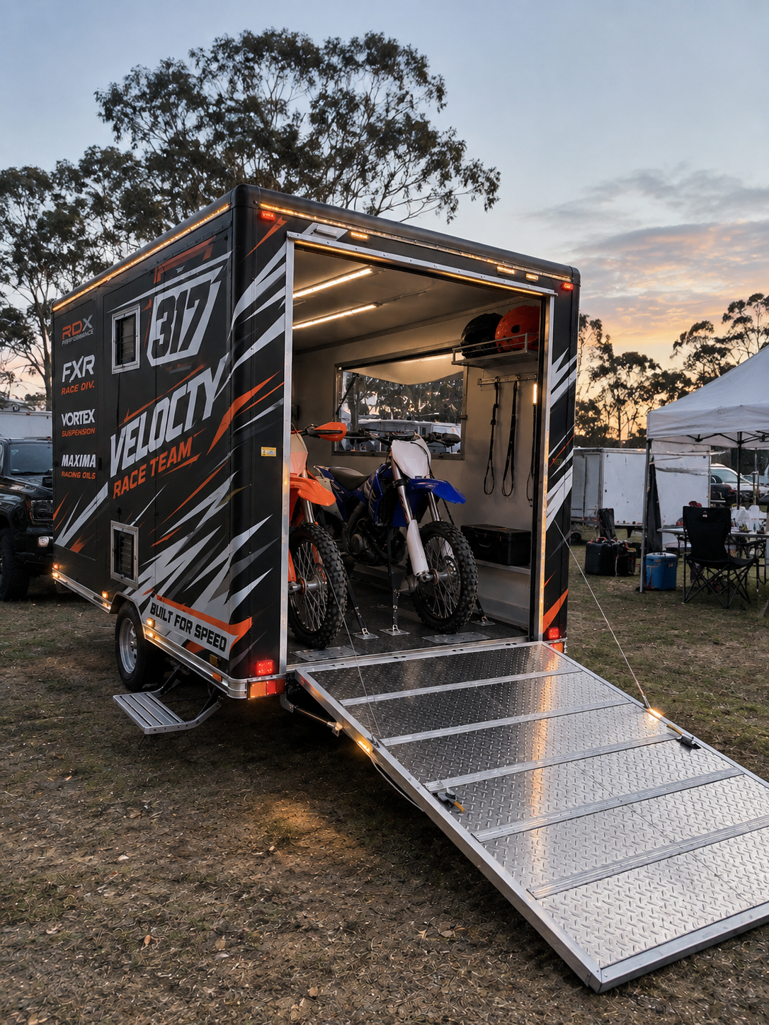 Velocity Race Team toy hauler trailer open at dusk with motocross bikes inside and LED lighting